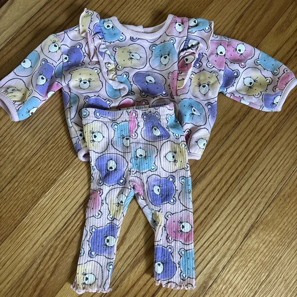 Care‎ Bears Girls Size 0/3M Jogger Set 2 PC Top Pants Pink Ruffles Multicolr